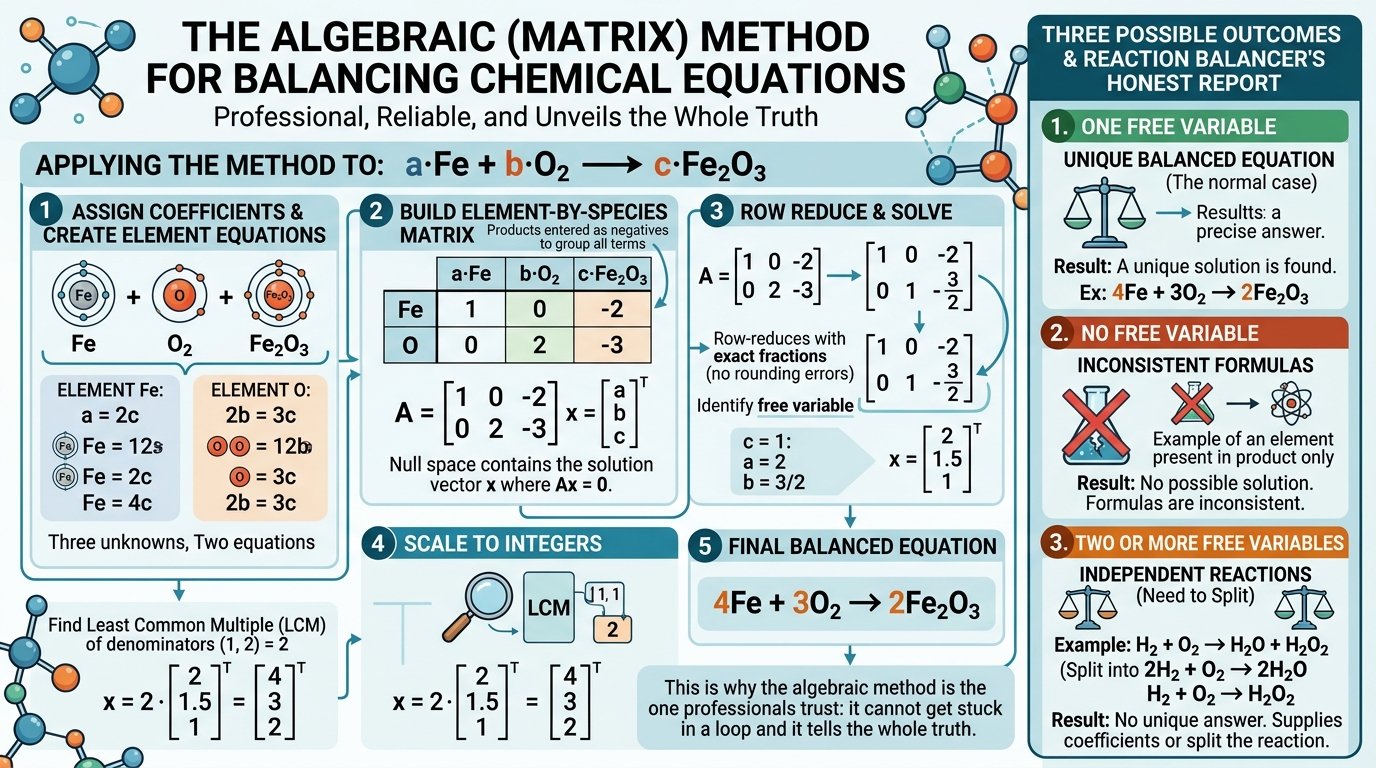 chemical equation balancer method: one linear equation per element solved to give the coefficients 4, 3, 2 for iron and oxygen forming iron(III) oxide