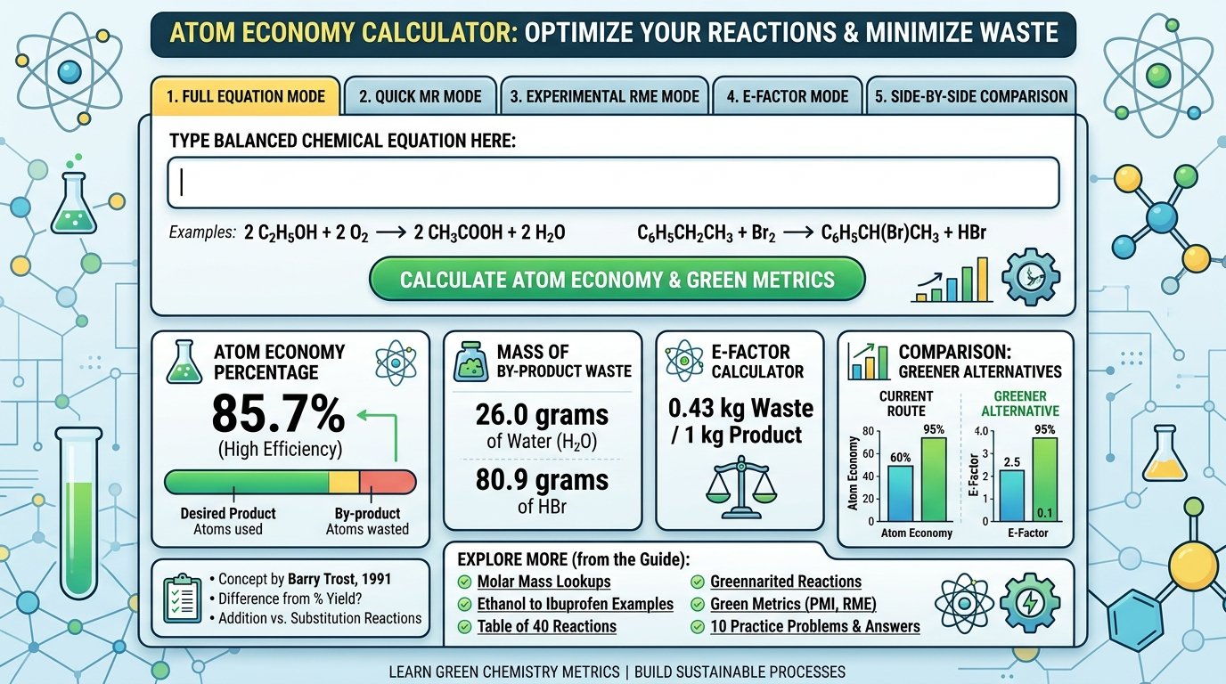 atom economy calculator showing the balanced equation for iron extraction, molar masses of reactants and desired product, 45.8 percent atom economy and the carbon dioxide by-product share