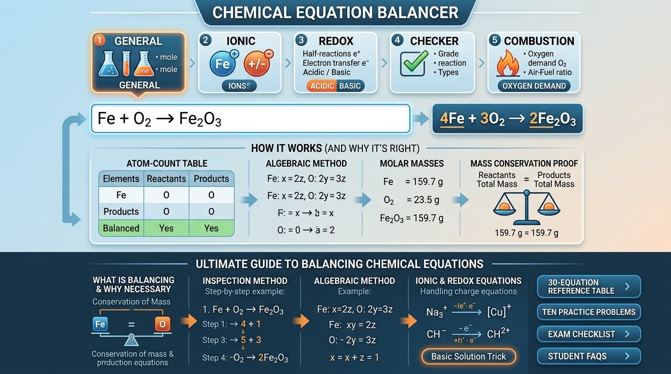 chemical equation balancer showing Fe + O2 balanced to 4Fe + 3O2 → 2Fe2O3 with the atom-count table and mass check