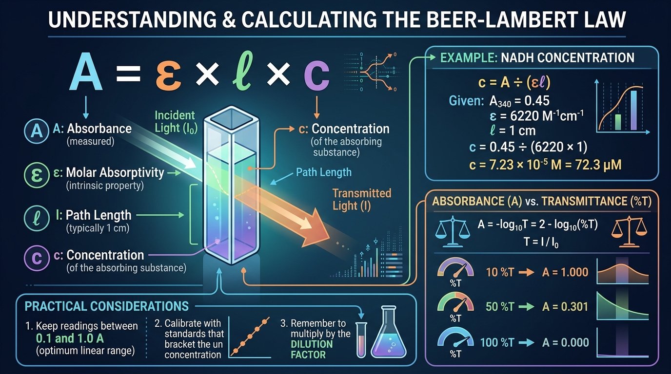 Beer Lambert law calculator showing A = 0.45, epsilon 6220 and 1 cm path giving 72.3 micromolar NADH with transmittance and absorbed fraction