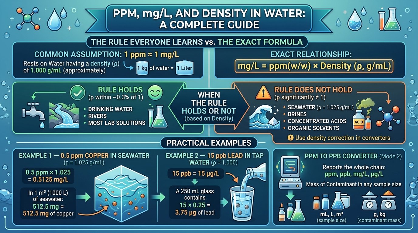 ppm to ppb converter method diagram: multiply ppm by 1000 for ppb, by density for mg/L, divide by molar mass for molarity, and use molar volume for gas mg/m3