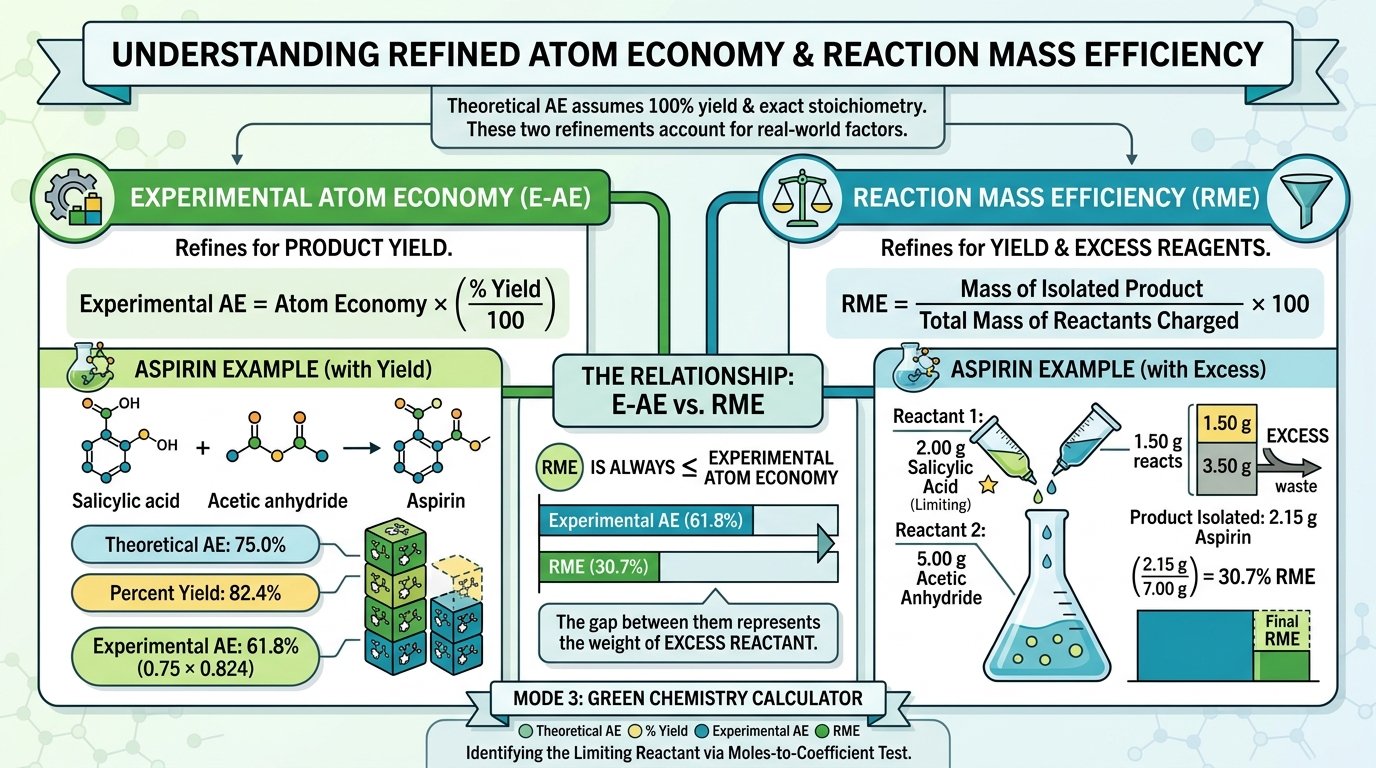atom economy calculator formula: percent atom economy equals molar mass of desired product times coefficient divided by total molar mass of reactants times 100, with addition reactions at 100 percent and substitution reactions lower