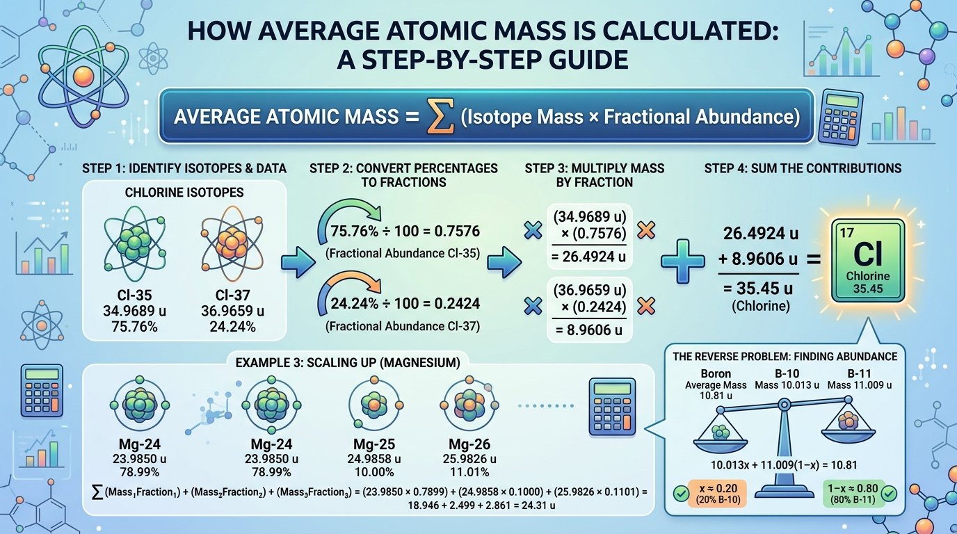 how an atomic mass calculator computes average atomic mass from isotope masses and abundances