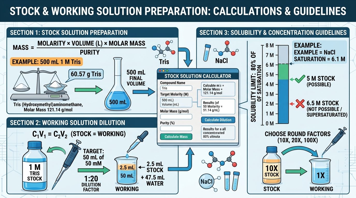 stock solution calculator showing 60.57 g of Tris base for 500 mL of 1 M stock and 2.5 mL of stock for 50 mL of 50 mM working solution