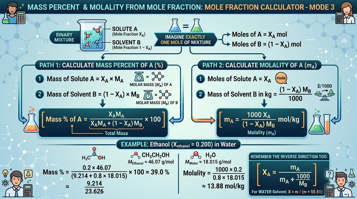 mole fraction calculator method: convert each component mass to moles, sum the moles, divide each by the total, and confirm the fractions add to one