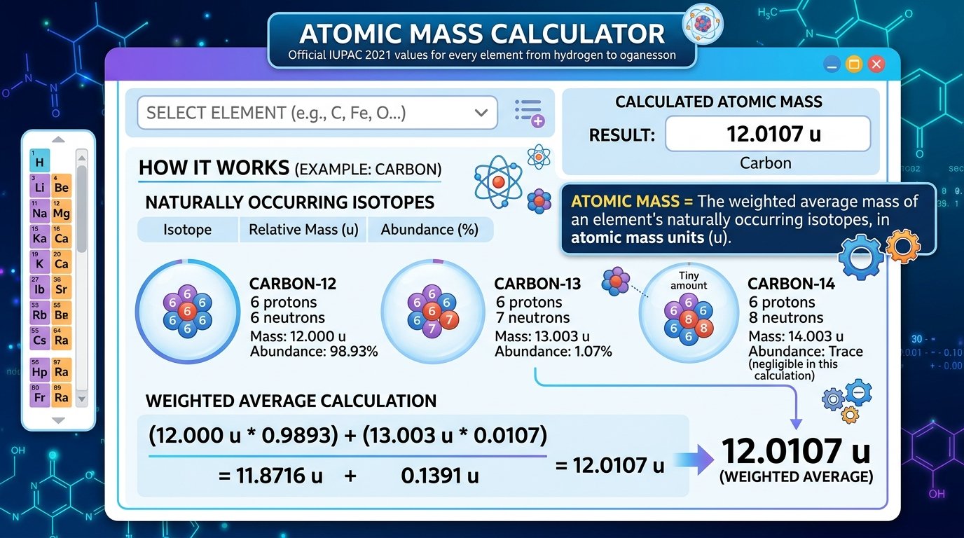 atomic mass calculator online tool showing element lookup with atomic mass and particle details