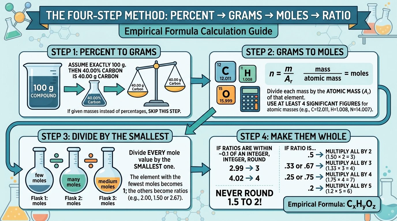 empirical formula calculator method: percent to grams, grams to moles, divide by smallest, multiply to whole numbers, n equals molar mass over empirical formula mass