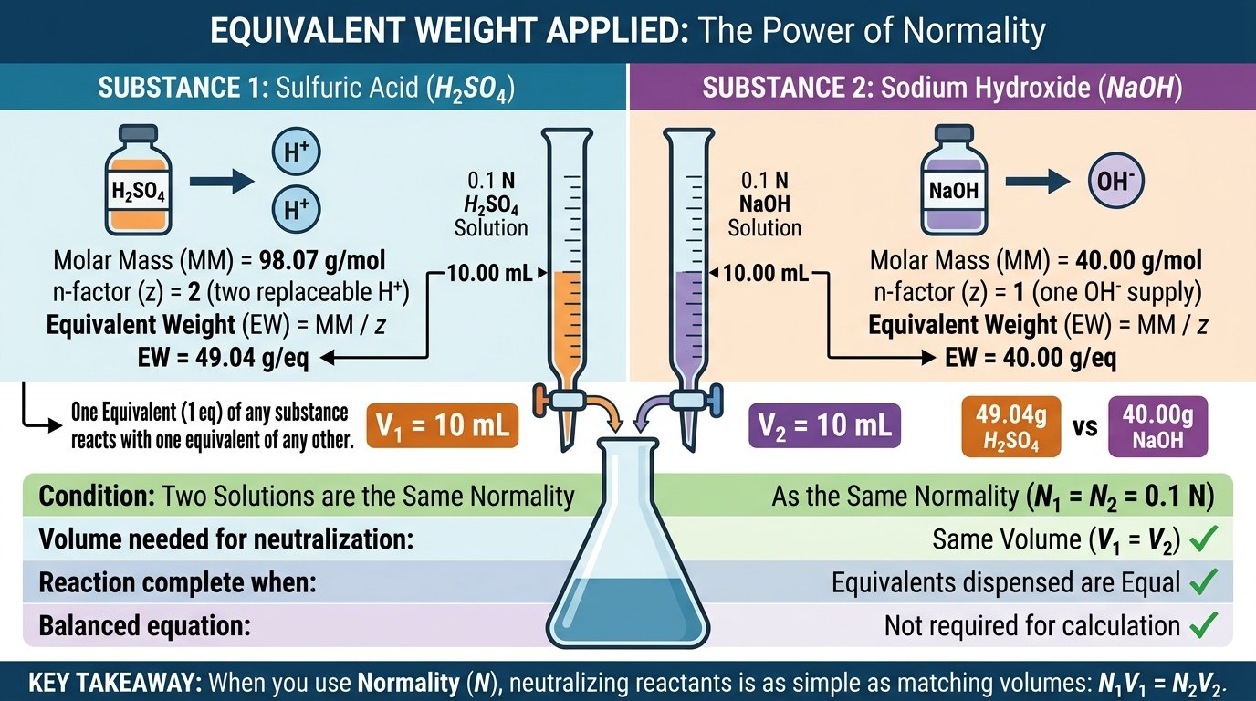 equivalent weight calculator showing E = molar mass ÷ n-factor with acid, base, salt, redox and element examples