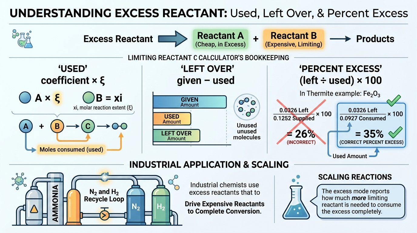 limiting reactant calculator method diagram: balance the equation, convert grams and solution volumes to moles, divide by coefficients, smallest ratio is the limiting reactant, then theoretical yield and excess