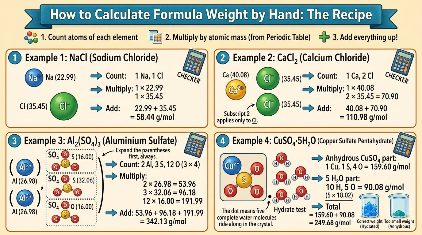 worked examples in a formula weight calculator for ionic compounds including CaCl2 and CuSO4 pentahydrate