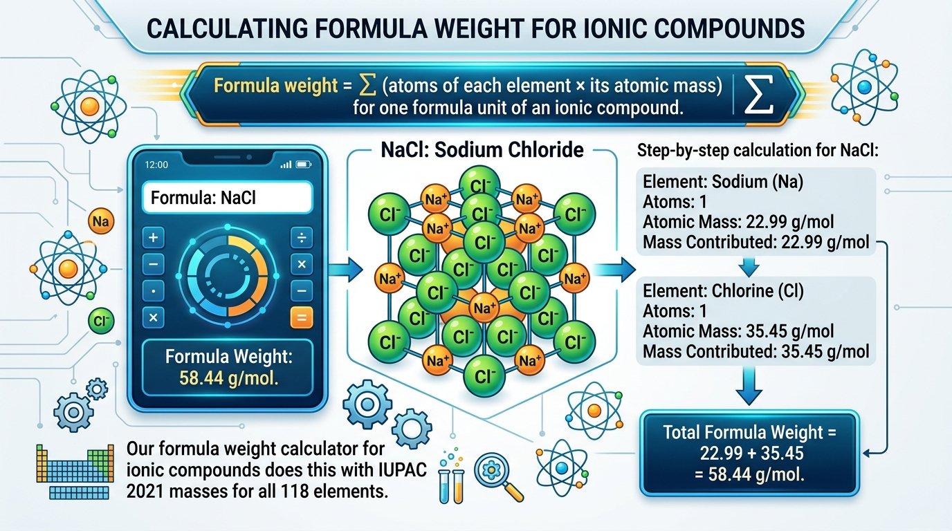 formula weight calculator for ionic compounds showing NaCl and Al2(SO4)3 results with element breakdown