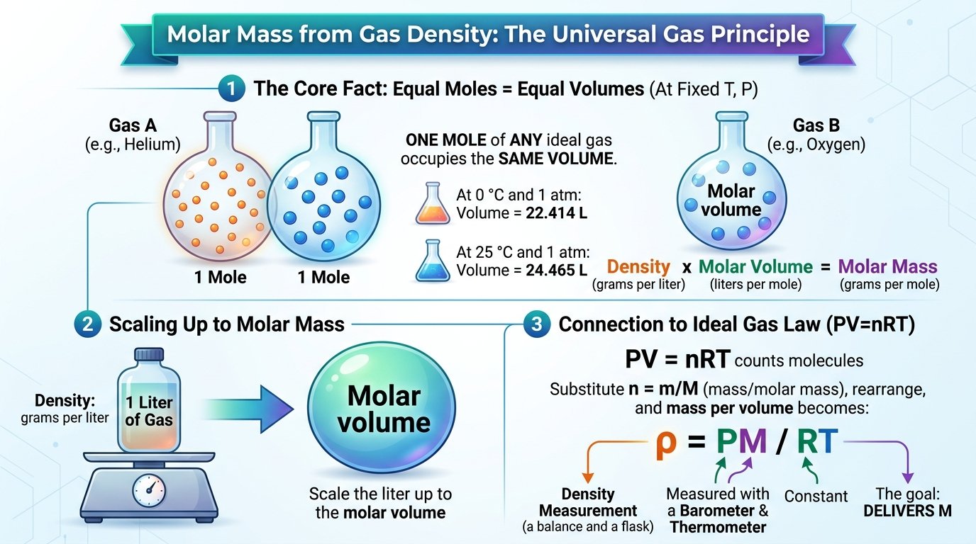 molar mass from gas density calculator converting a measured density at known temperature and pressure into a molar mass with M = ρRT/P