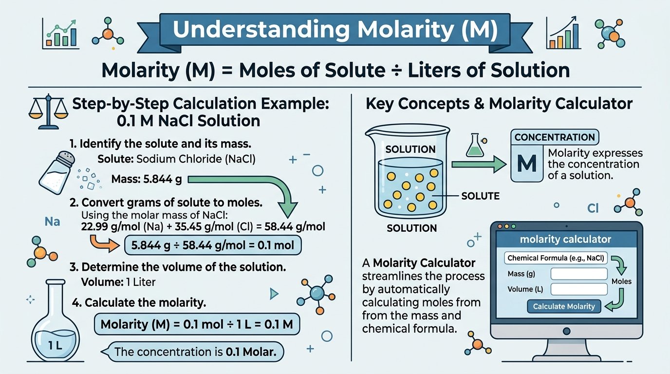 molarity calculator online tool showing molarity from mass and volume with step-by-step working