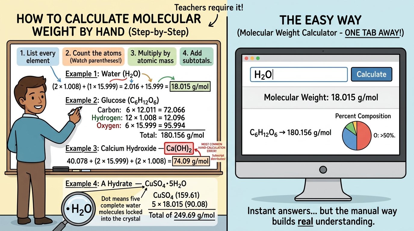 step by step example of how a molecular weight calculator computes molar mass of glucose