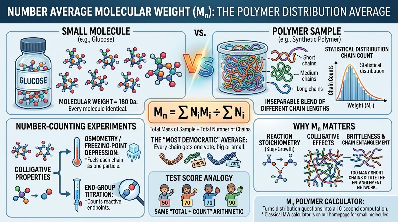 number average molecular weight polymer calculator showing Mn Mw and dispersity for chain fractions