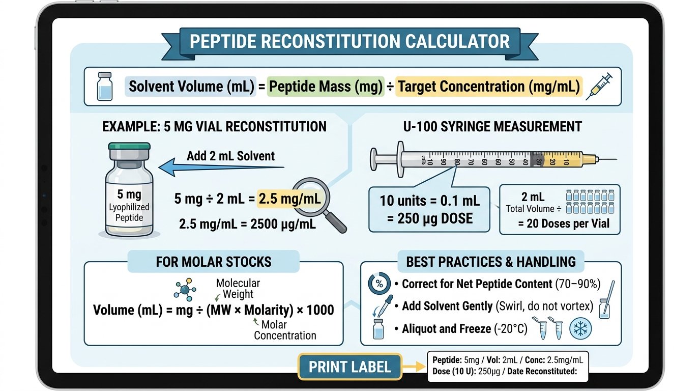 peptide reconstitution calculator showing a 5 mg vial plus 2 mL bacteriostatic water giving 2.5 mg/mL and 10 units per 250 microgram dose