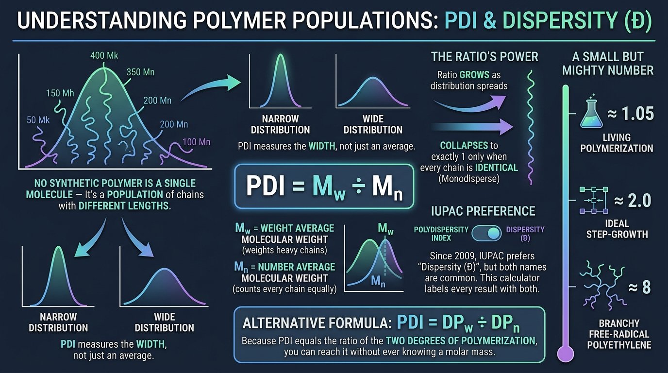 polydispersity index calculator showing PDI dispersity from Mn and Mw with verdict