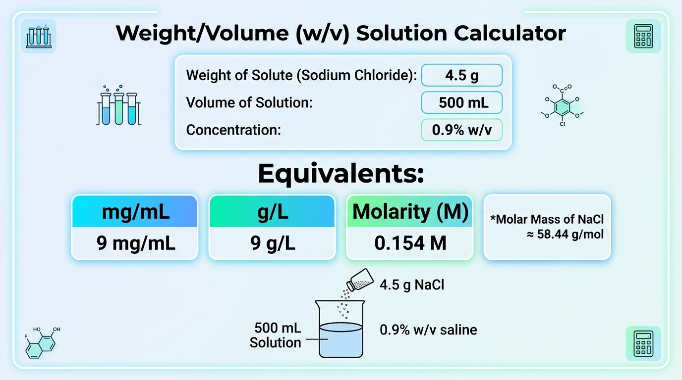 w/v solution calculator showing 4.5 g of sodium chloride for 500 mL of 0.9 percent w/v with the mg/mL, g/L and molarity equivalents
