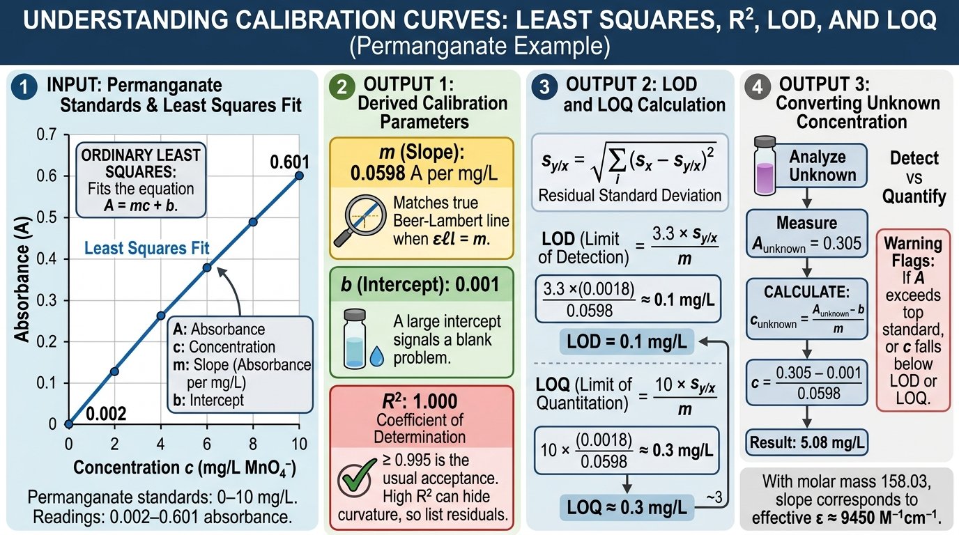 Beer Lambert law calculator method diagram: light of intensity I0 passing through a cuvette of path length l and emerging as I with A = log(I0/I)