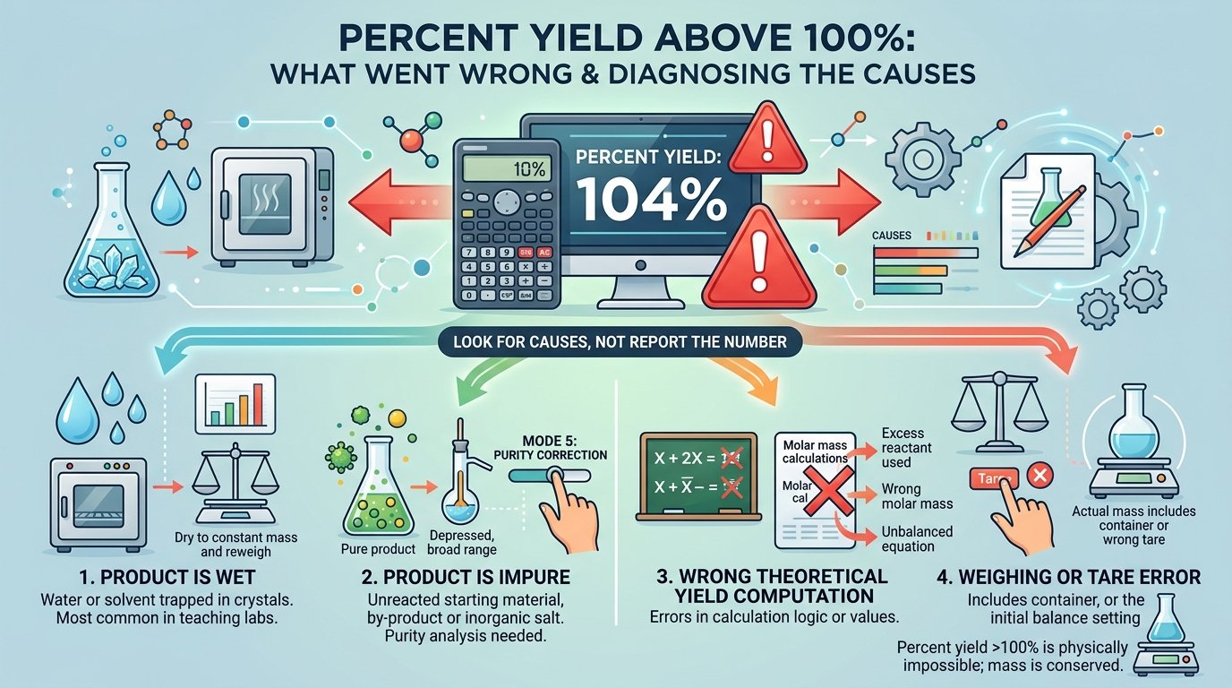 percent yield calculator formula: percent yield equals actual yield divided by theoretical yield times 100, with rearrangements for actual and theoretical yield and a note on results above 100 percent