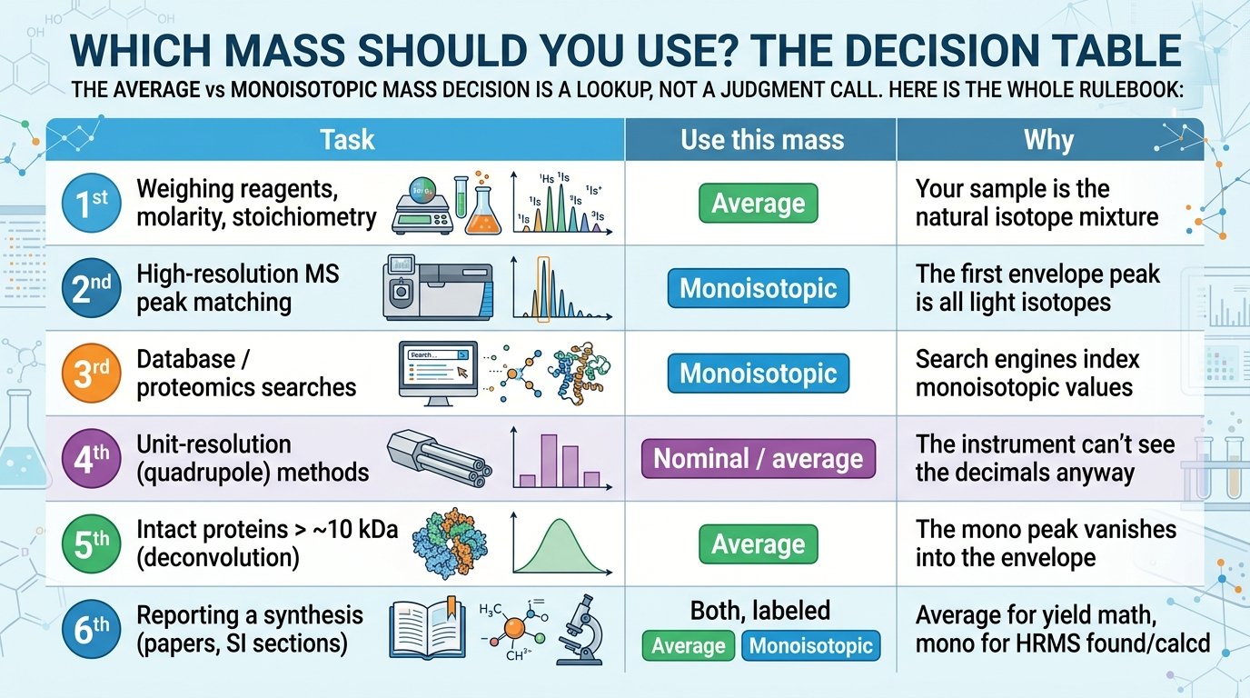 average vs monoisotopic mass formula showing atomic weights against exact top-isotope masses