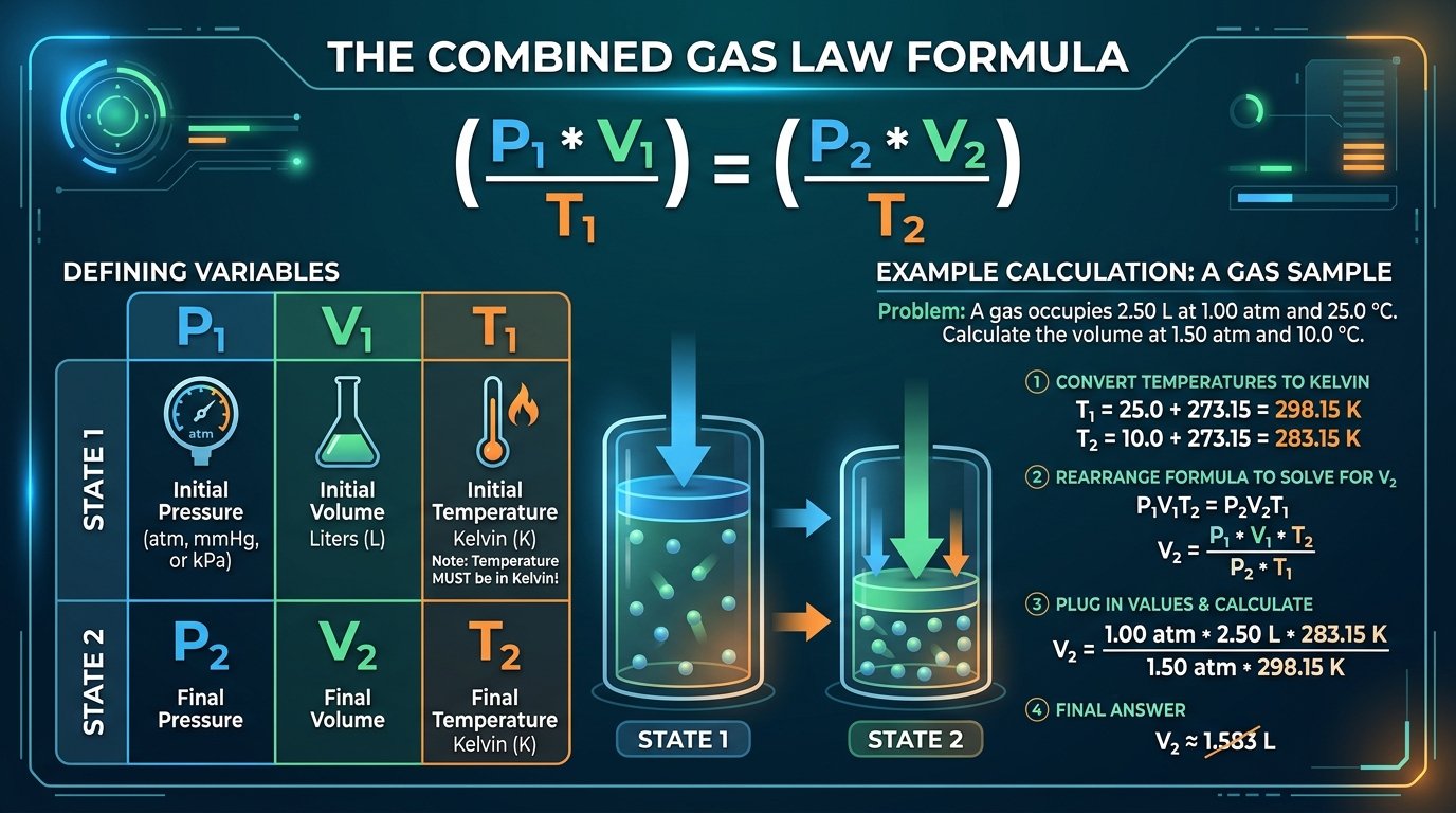 combined gas law formula with initial and final pressure volume and temperature