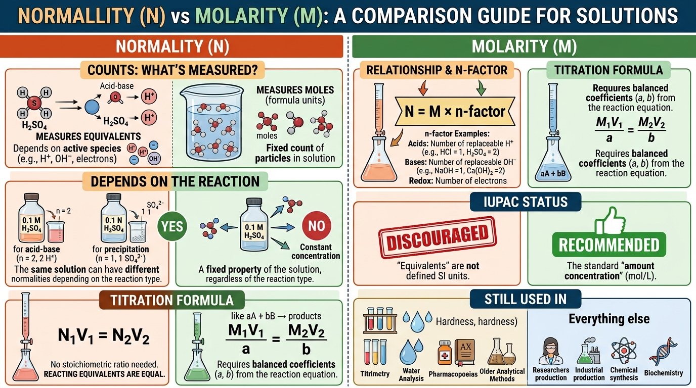 normality calculator method: molar mass divided by n-factor gives equivalent weight, grams divided by equivalent weight and litres gives normality