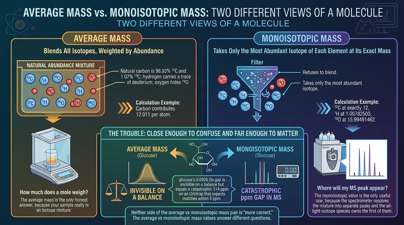 average vs monoisotopic mass calculator comparing both masses of a chemical formula