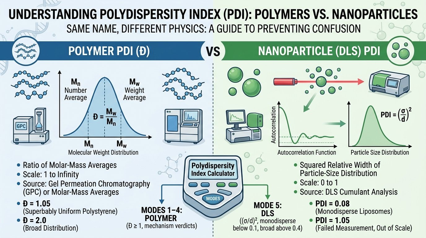 polydispersity index calculator formula PDI equals Mw over Mn and DLS PDI equals sigma over d squared