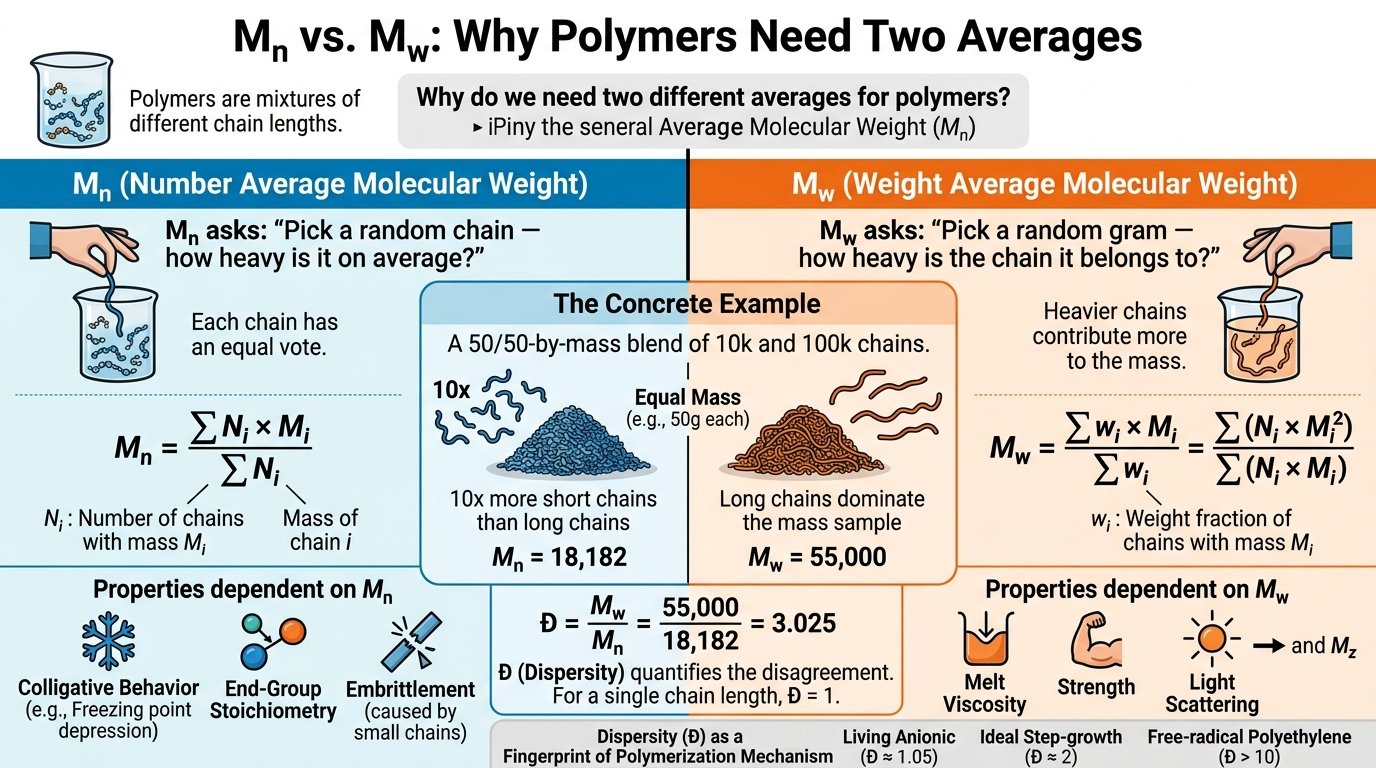 number average molecular weight polymer formula Mn equals sum NiMi over sum Ni with Mw and dispersity