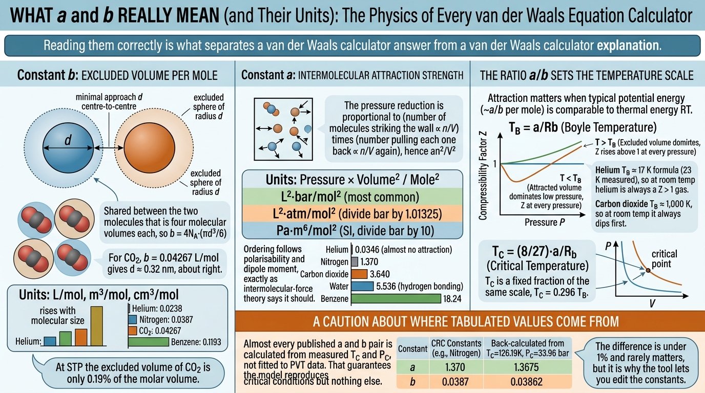 van der waals equation calculator formula chart with the pressure, cubic volume and critical-constant forms of (P + an²/V²)(V − nb) = nRT
