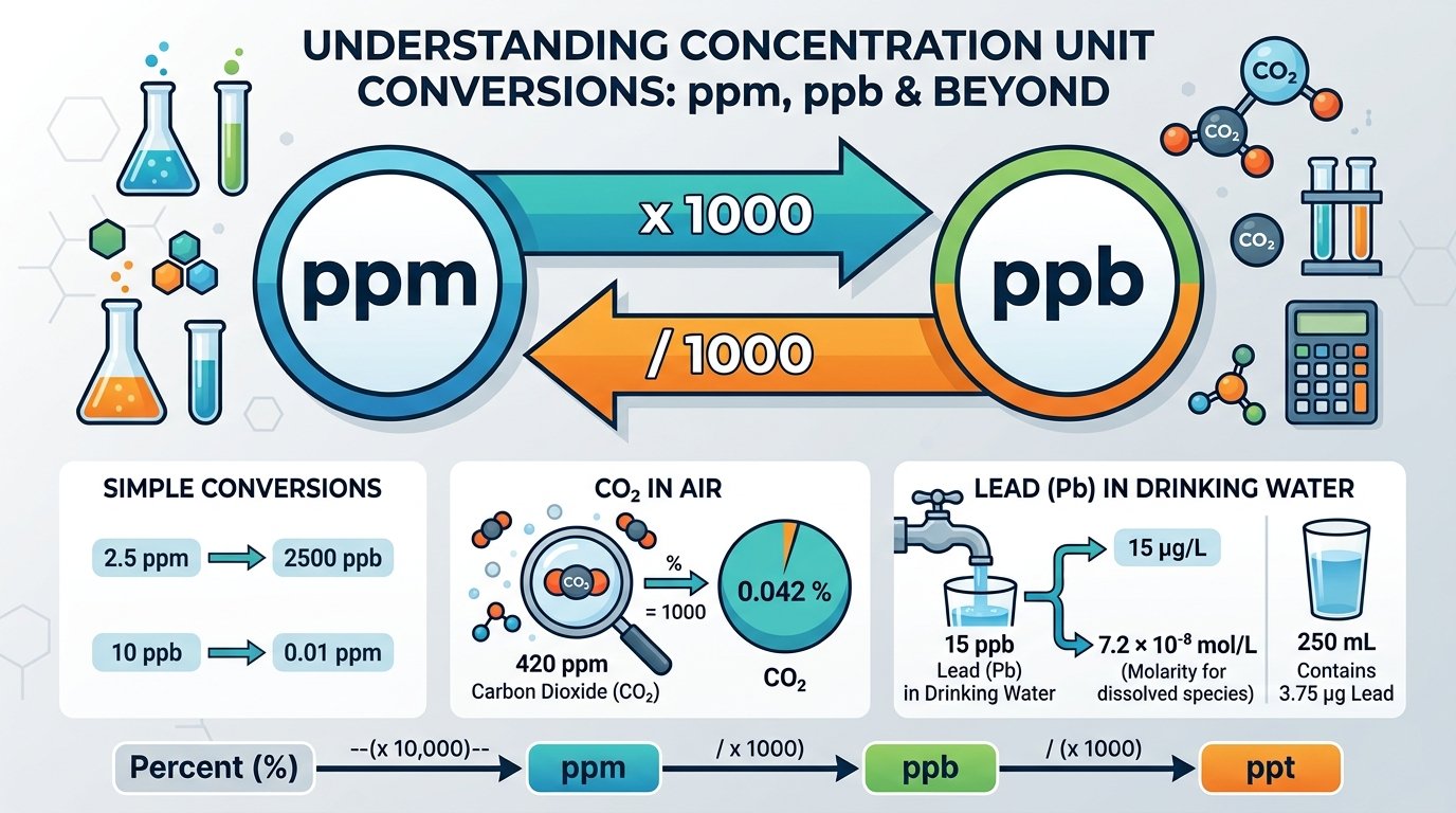 ppm to ppb converter showing 2.5 ppm equals 2500 ppb with the equivalent percent, ppt and fraction values in a results table