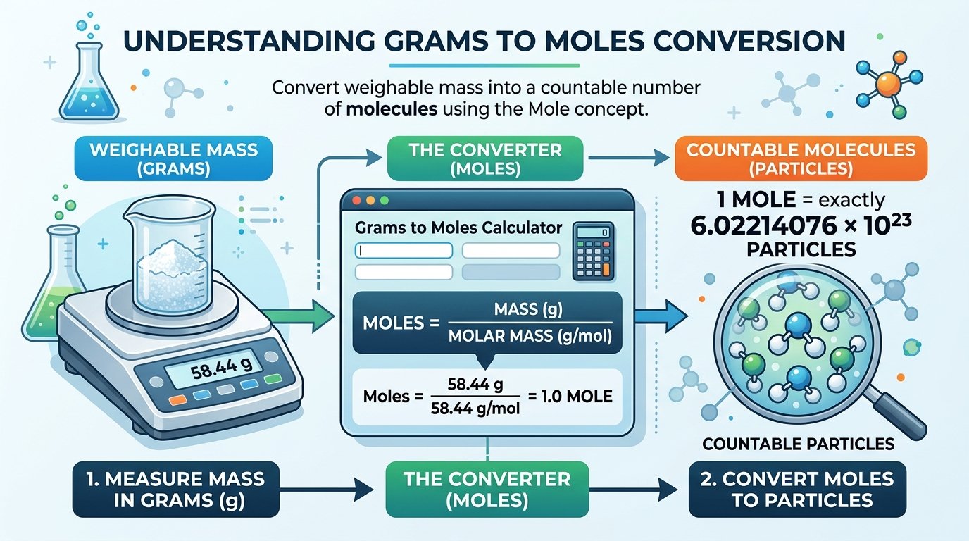grams to moles calculator online tool converting mass to moles with molar mass shown