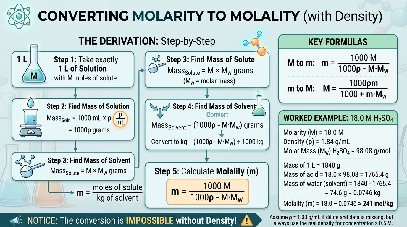 molality calculator method: converting molarity to molality using solution density, showing mass of one litre, mass of solute and mass of solvent