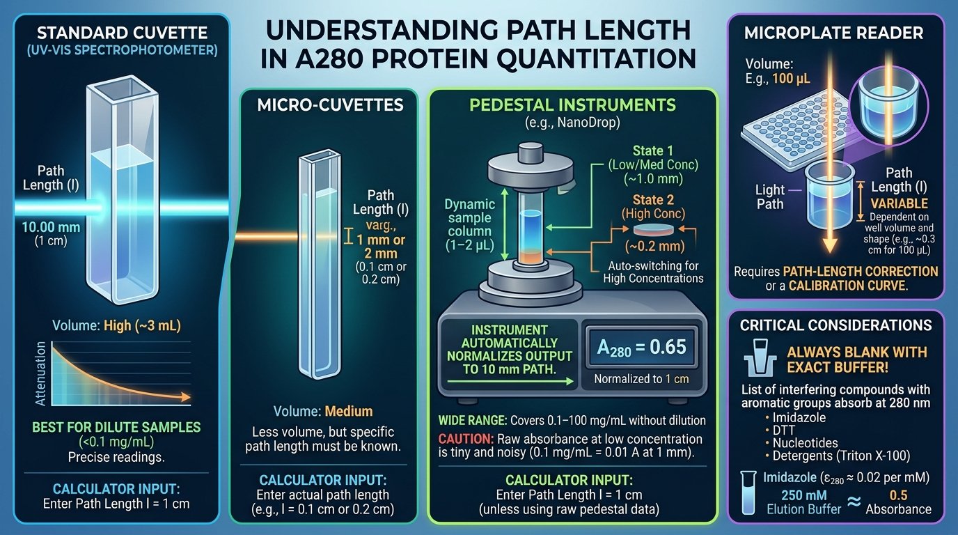 protein concentration A280 calculator method: tryptophan and tyrosine side chains absorbing ultraviolet light at 280 nm in a quartz cuvette