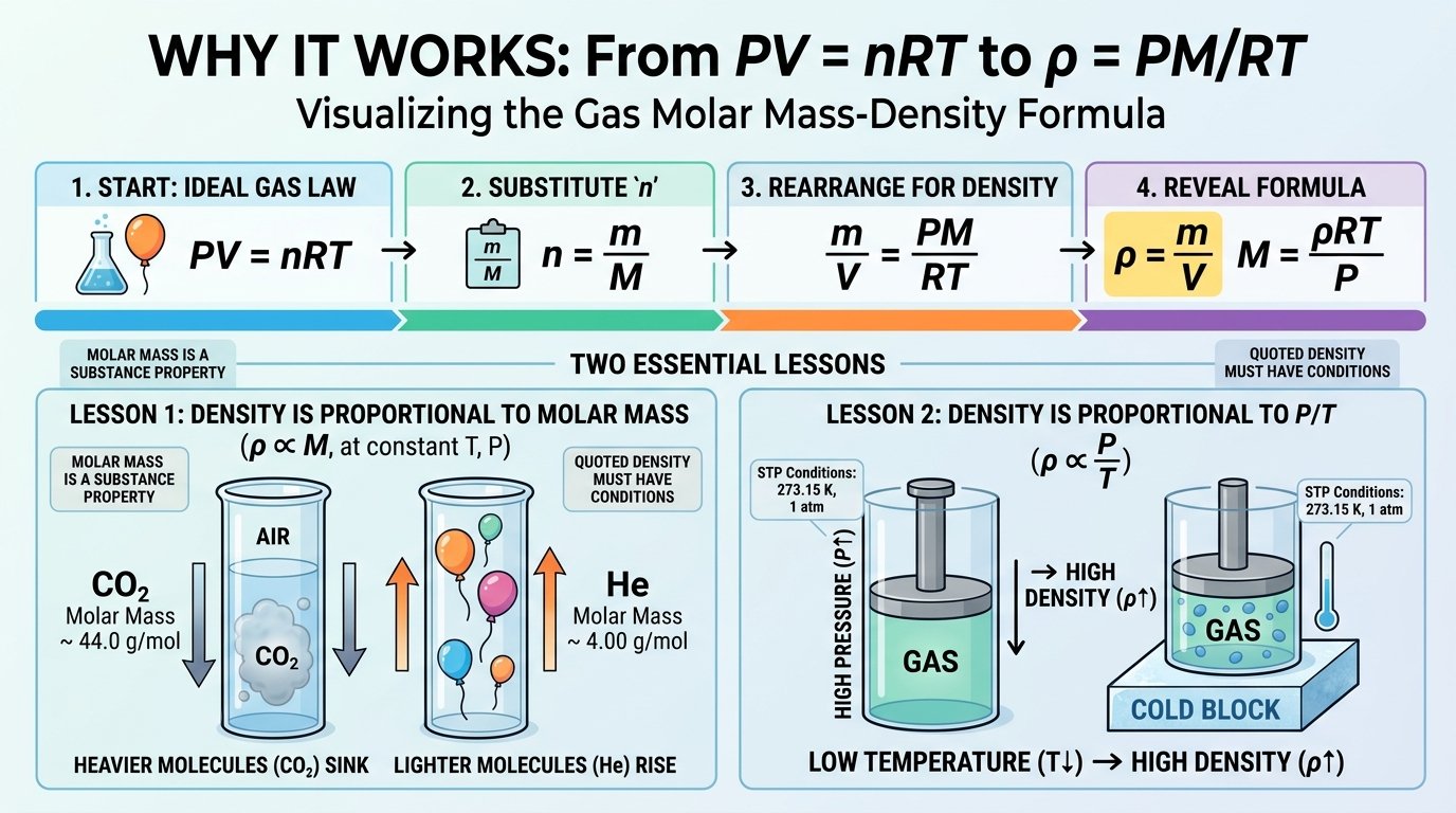 molar mass from gas density formula M equals rho R T over P derived from the ideal gas law PV = nRT with n = m/M