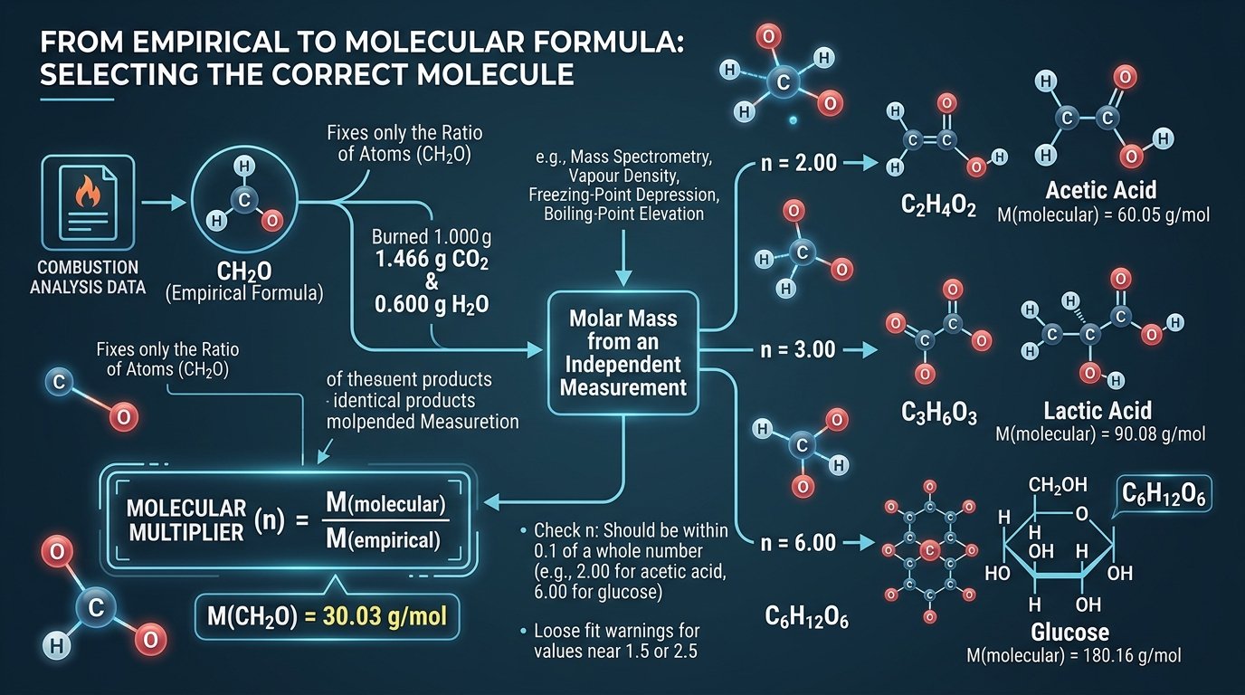 combustion analysis calculator formula card: mass of carbon equals mass of CO2 times 12.011 over 44.009, hydrogen from H2O, oxygen by difference