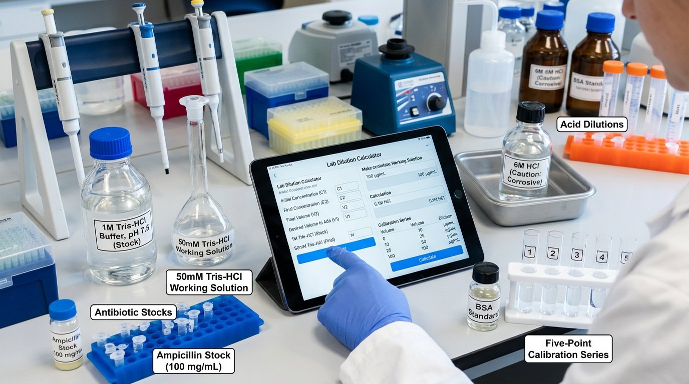 dilution calculator uses in a laboratory: buffers, antibiotic stocks, acid dilutions and a five-point calibration series