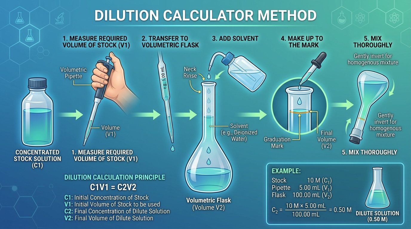 dilution calculator method diagram of a concentrated stock pipetted into a volumetric flask and made up to the mark with solvent