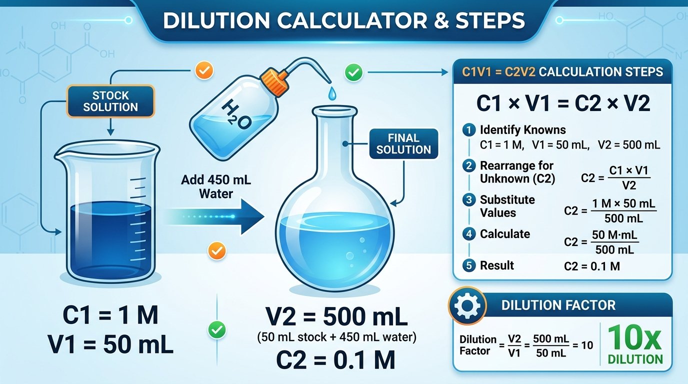 dilution calculator showing 50 mL of 1 M stock plus 450 mL water making 500 mL of 0.1 M with the C1V1 = C2V2 steps and a dilution factor of 10