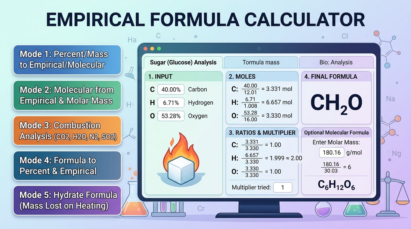 empirical formula calculator converting percent composition into moles, simplest ratio and molecular formula