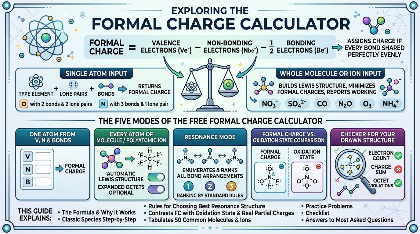 formal charge calculator showing the Lewis structure of the nitrate ion with nitrogen +1, double-bonded oxygen 0 and two single-bonded oxygens -1, and the V minus N minus B over 2 working for each atom