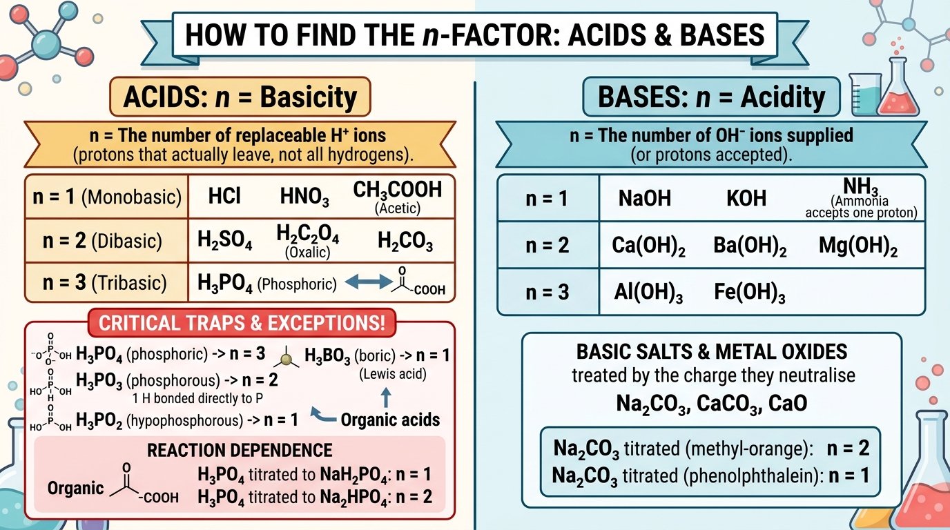 equivalent weight calculator formula chart with n-factor rules for acids, bases, salts, oxidising and reducing agents and elements