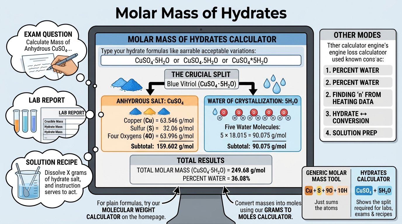 molar mass of hydrates calculator online tool splitting CuSO4 5H2O into anhydrous salt and water