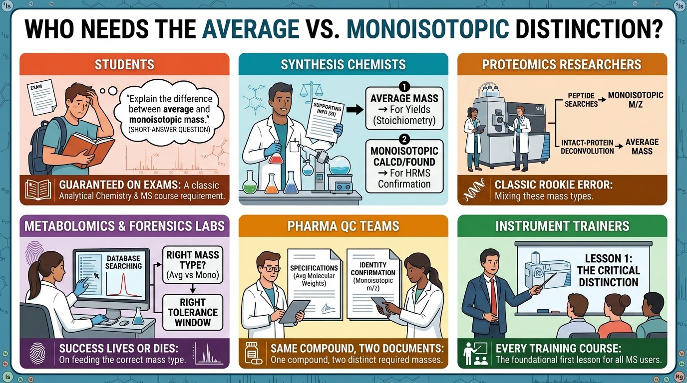 chemists comparing average vs monoisotopic mass values next to an isotope envelope on a mass spectrum