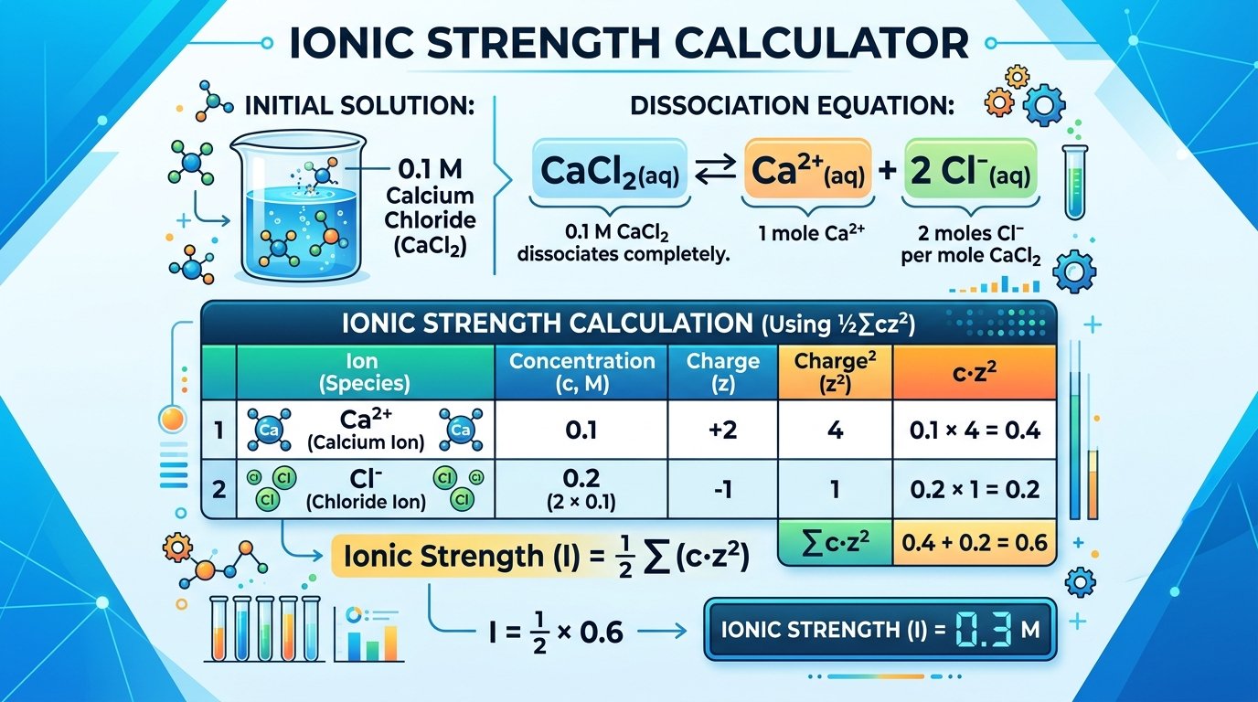 ionic strength calculator showing 0.1 M CaCl2 dissociated into Ca2+ and 2 Cl- with the ½Σcz² table giving I = 0.3 M