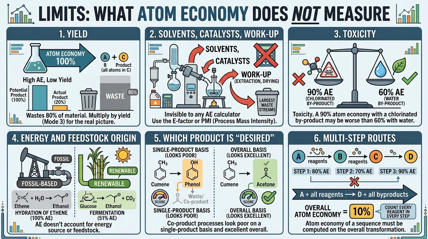 uses of the atom economy calculator: exam route comparisons, green chemistry practicals with experimental atom economy, E-factor and process mass intensity in industry, and screening synthetic routes