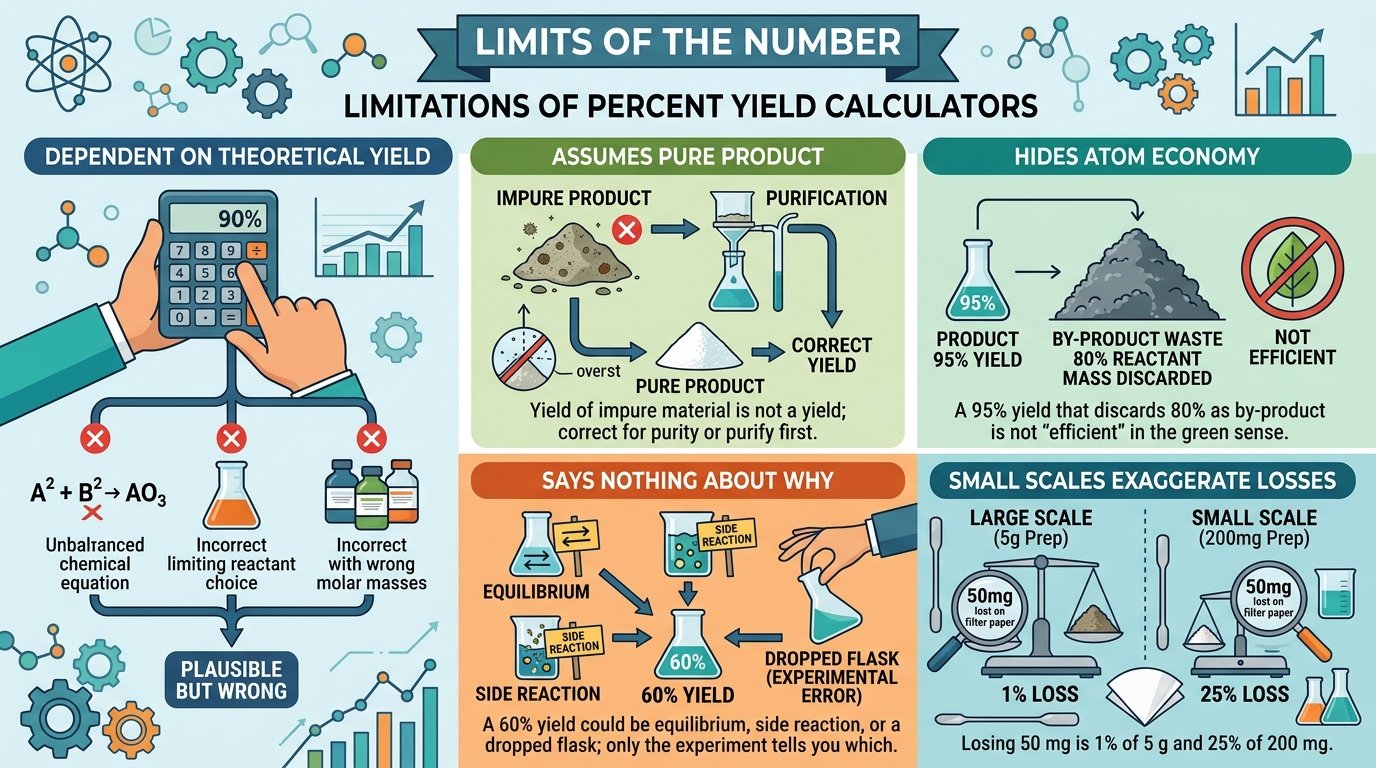 uses of the percent yield calculator: lab report yields, exam stoichiometry, multi-step synthesis overall yield, recrystallisation percent recovery and industrial assay-corrected batch yields