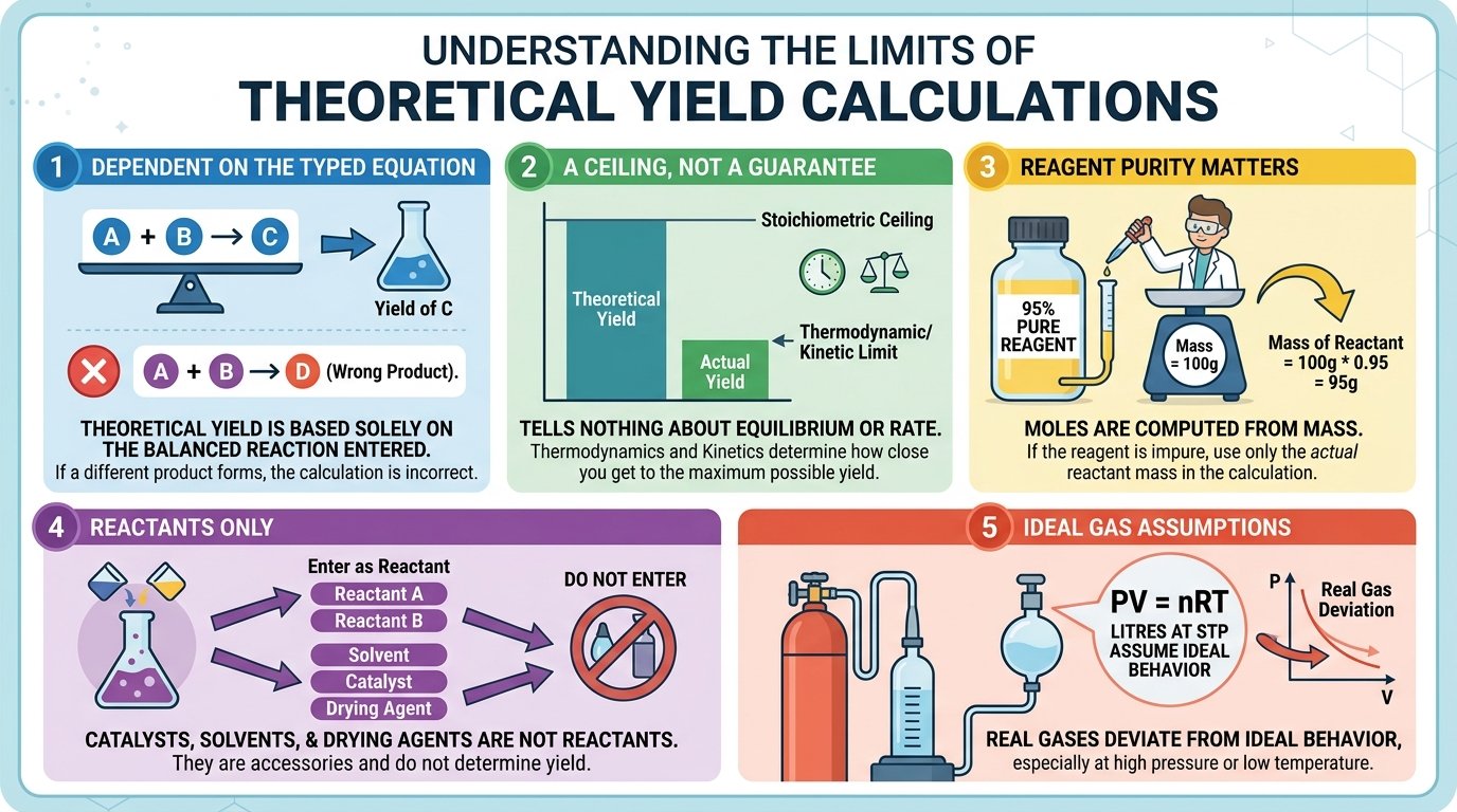 uses of the theoretical yield calculator: lab report pre-lab calculations, exam stoichiometry, synthesis planning with reverse yield, multi-step route overall yield and industrial raw material requirements