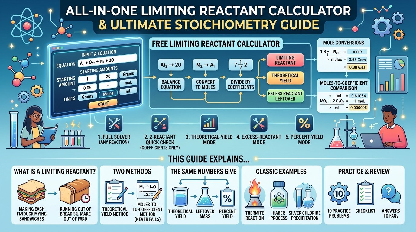 limiting reactant calculator showing the balanced thermite equation, moles of each reactant divided by its coefficient, aluminium identified as limiting and the theoretical yield of iron